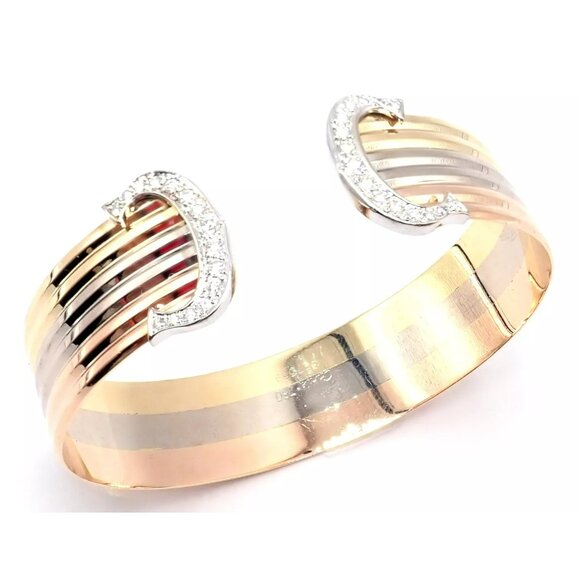 Authentic! Cartier 18k Tri-Color Gold Diamond Double C Wide Cuff Bangle Bracelet - Picture 7 of 10